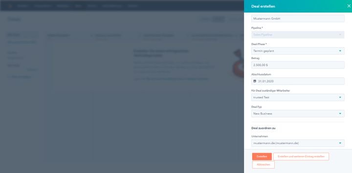 Erstellen Sie einen neuen Deal mit allen wichtigen Informationen