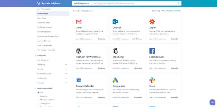 HubSpot bringt viele native Schnittstellen zu gängigen und beliebten Business-Tools mit