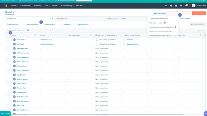 Eine Übersicht des Kontakte-Dashboards mit für den Test importierten Beispieldatensätzen