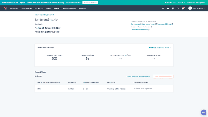 HubSpot liefert Ihnen nach jedem Import einen ausführlichen Bericht über erfasste Datensätze und Fehler