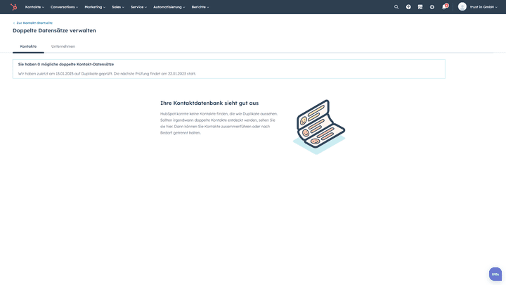 HubSpot prüft regelmäßig Ihre Datensätze auf Dopplungen und informiert Sie umgehend über den Status