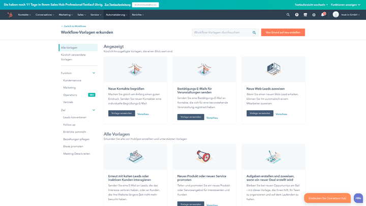 Für viele Anwendungsfälle liefert HubSpot bereits Workflow-Vorlagen