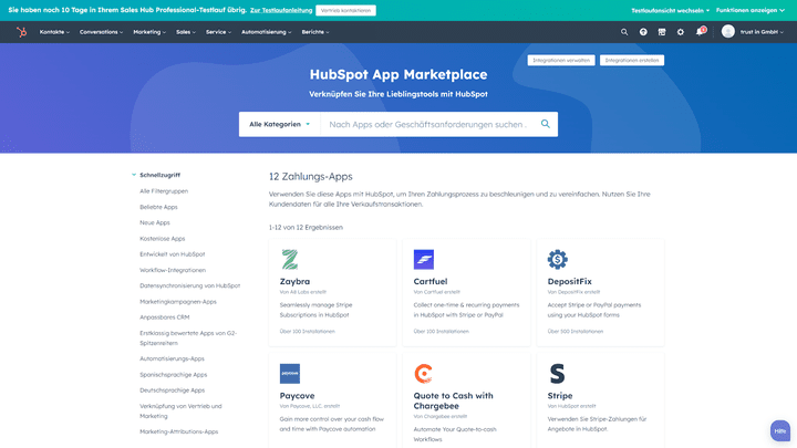 Eine Übersicht einiger der im Marketplace verfügbaren Zahlungsdienste von Drittanbietern