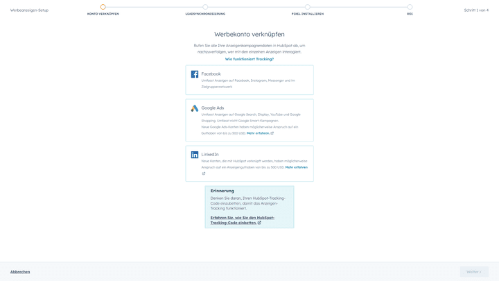 Mit dem HubSpot Anzeigen-Tool können Sie die meisten der Anzeigetypen auf Google und Facebook nachverfolgen