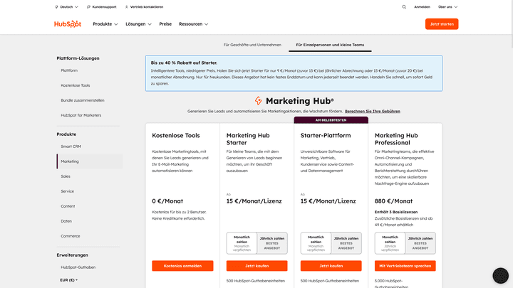 Eine Übersicht der Preise für Marketing Hub bei einer monatlichen Zahlweise