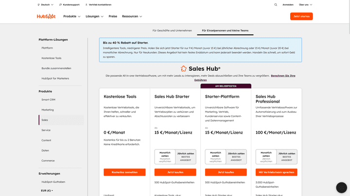 Die Sales Hub Preise und Funktionen für kleine Teams