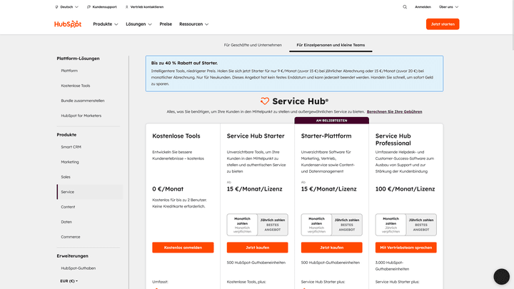Funktionen und Preise für die Service Hub für kleine Unternehmen und Teams