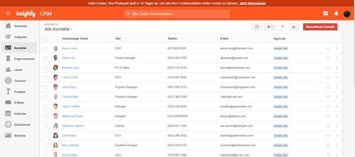 In der Kontaktdatenbank von Insightly sammeln Sie alle Ihre konvertierten Leads und Ihre Kunden