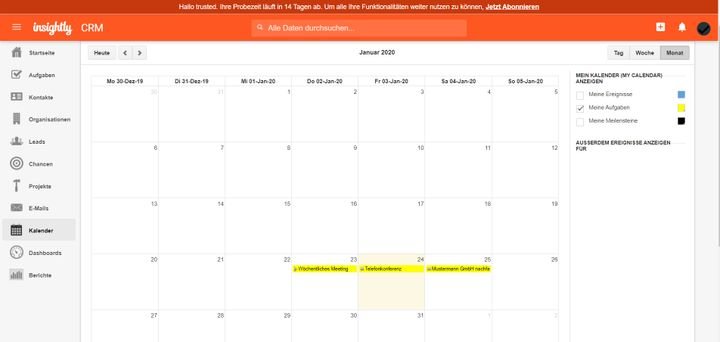 Im übersichtlichen Insightly-Kalender planen Sie Ihre persönlichen Termine oder Aufgaben für das ganze Team