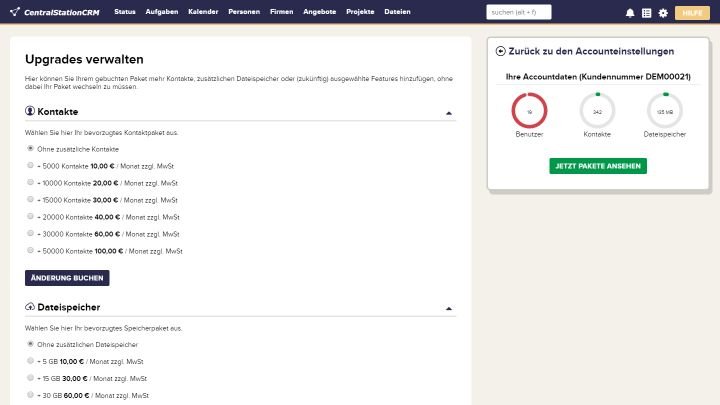 Bei vielen CRM-Anbietern ist ein nachträgliches Upgrade von Kontakten und Speicherplatz spielend möglich