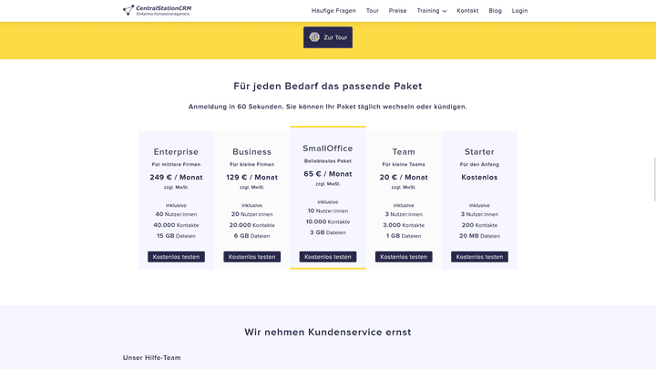 CentralStationCRM ist in Sachen Kontakte, Speicher und User beschränkt