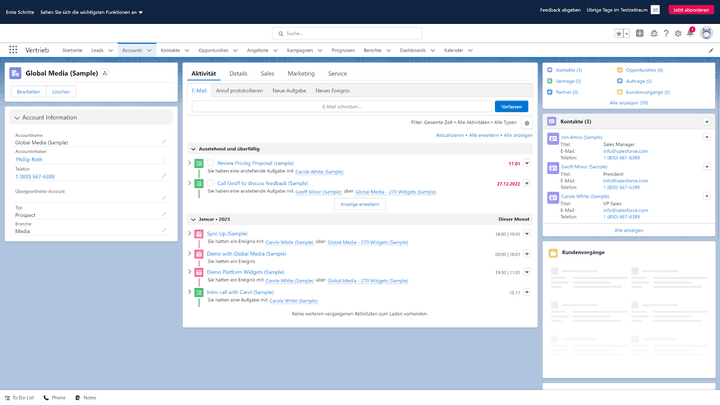 Salesforce zählt zu den All-in-One-CRMs und bietet professionelle Funktionen als Kontaktmanager
