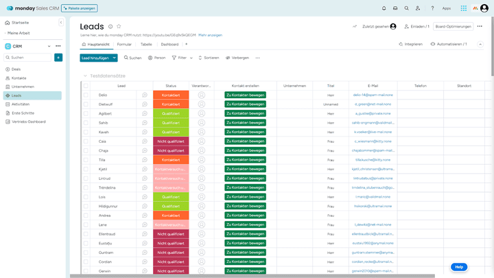 monday CRM besticht vor allem durch seine gute visuelle Erfassbarkeit im Kontaktmanagement