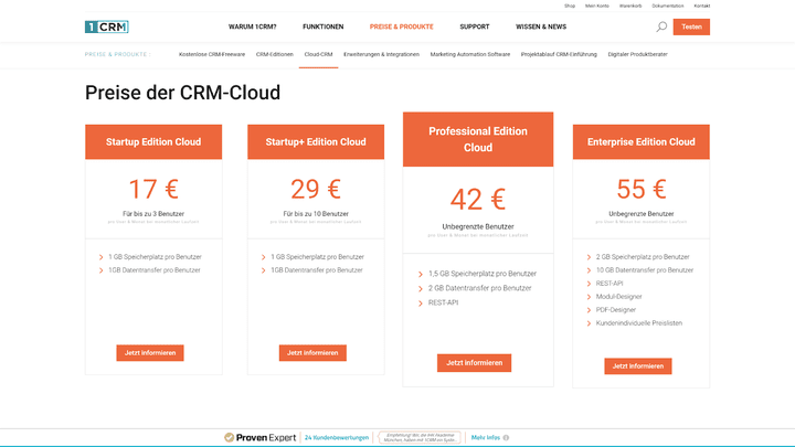 1CRM verfügt über eine kostenlose Start-up-Version und mehrere kostenpflichtige Editionen