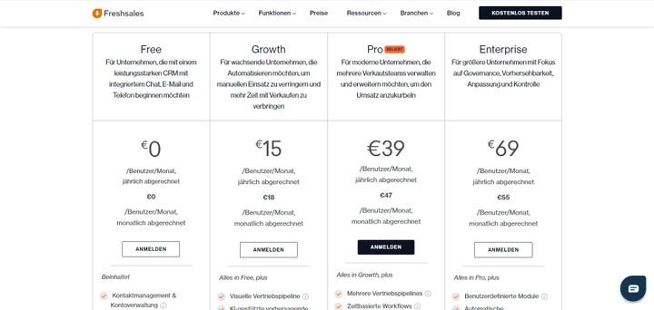 Ein klassisches Pricing für ein CRM-System bietet beispielsweise Freshsales