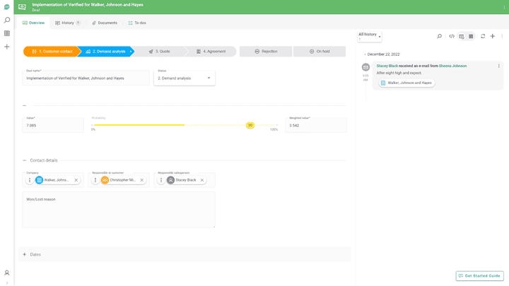 Jeder Deal hat eine Detailansicht mit eigener Pipeline und Historie