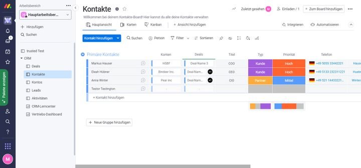 Mithilfe individueller Boards organisieren Sie in monday Ihre Kontaktdatenbanken