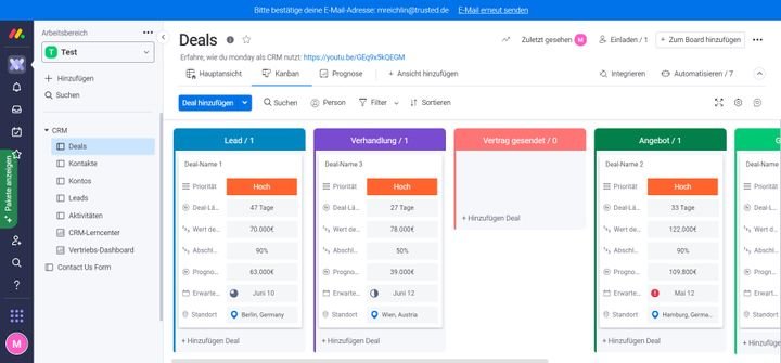 Mithilfe von Kanban-Boards erstellen Sie in monday sales CRM eine Sales-Pipeline