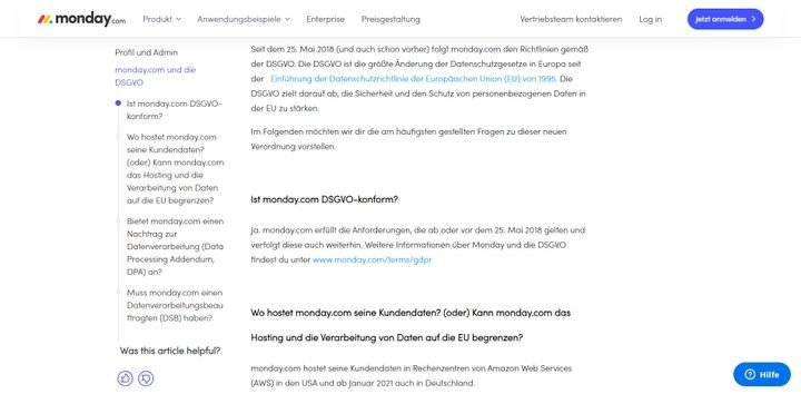 monday ist mittlerweile vollständig DSGVO-konform und bietet Server in Deutschland