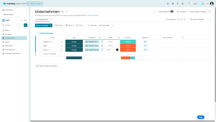 Unternehmen führt monday standardmäßig als “Konten”. Wir haben das aus Verständnisgründen angepasst