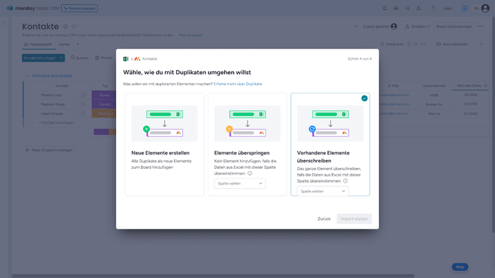 Für den Dublettencheck gibt es in monday mehrere Optionen