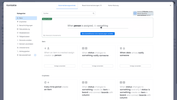 Für Automatisierungen stellt monday viele nützliche Vorlagen bereit