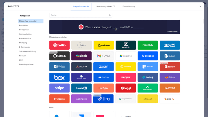 Einige der möglichen Integrationen für weitere Kommunikationskanäle in monday CRM