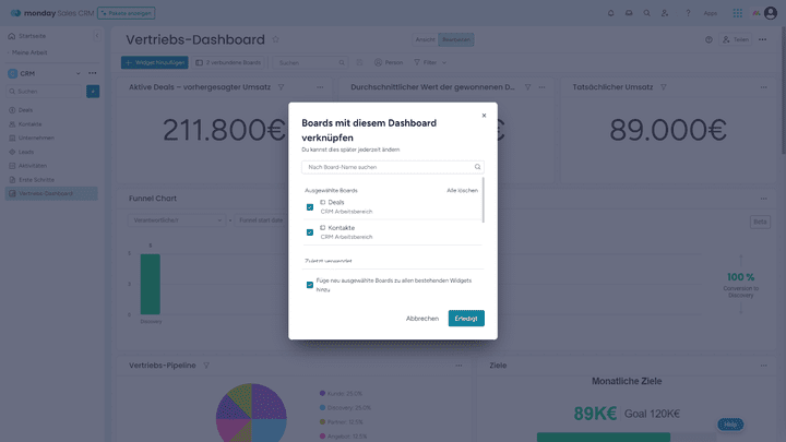 Sie können auch andere Boards mit dem Dashboard verknüpfen und so eine breitere Datenbasis erhalten