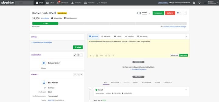 Die übersichtlichen Kontaktakten halten alle wichtigen Infos über Ihre Leads und Deals bereit