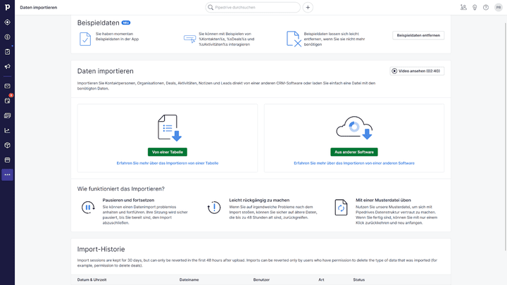 Pipedrive ermöglicht die Massenmigration von Daten im XLS und CSV Format
