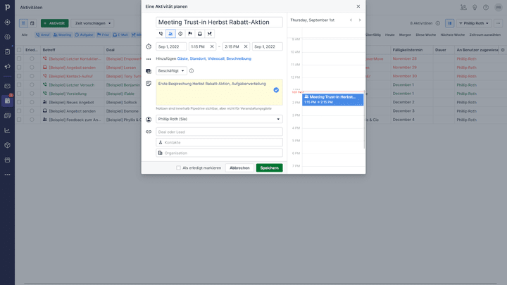 Aktivitäten erstellen und planen wir in einem eigenen Bereich in Pipedrive
