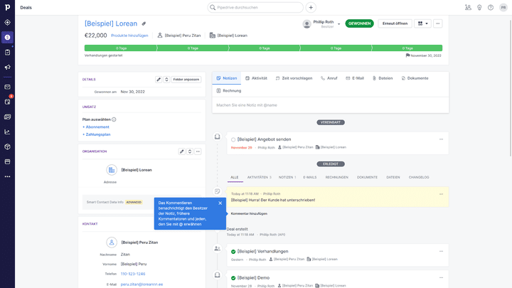 Alle wichtigen Daten eines Deals oder Leads sind direkt mit diesem verknüpft - die langwierige Dokumentensuche entfällt in Pipedrive!