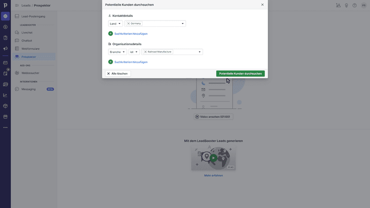 Neue Leads generieren wir über Webformulare und aus dem Chat. Oder wir nutzen den Prospektor.