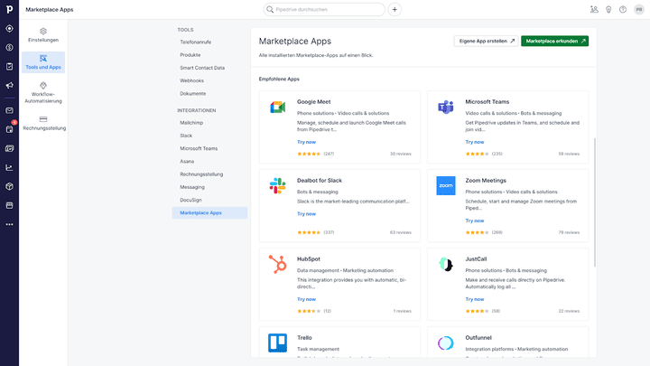 Im Marketplace sind über 200 weitere Tools für die Integration in Pipedrive verfügbar
