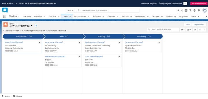 Vor allem für die Leadverwaltung bietet sich die optionale Kanban-Ansicht an