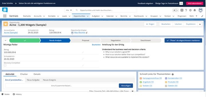 Alle wichtigen Infos auf einen Blick finden Sie in der Detailansicht Ihrer Kontakte und Opportunities