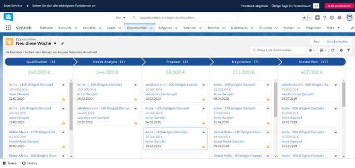 In der visuellen Sales-Pipeline verwalten Sie Ihre Opportunities auf einem übersichtlichen Kanban-Board