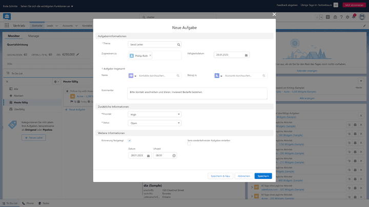 Sie können Aufgaben als globale Aktion erstellen oder direkt in der To-do-Liste