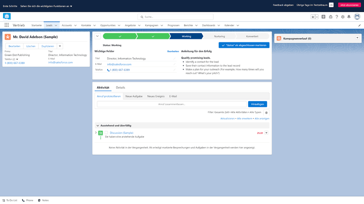 In den Lead-Details sehen Sie alle anstehenden Aufgaben und können den Leadstatus anpassen