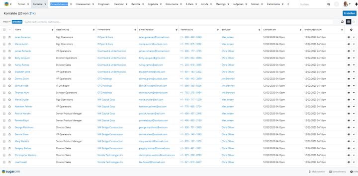 Ein Blick in die übersichtliche Kontaktdatenbank von SugarCRM