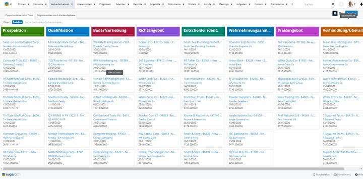 Opportunities pflegen Sie als Liste oder in der agilen Kanban-Ansicht, die sich an Ihren Pipeline-Phasen orientiert