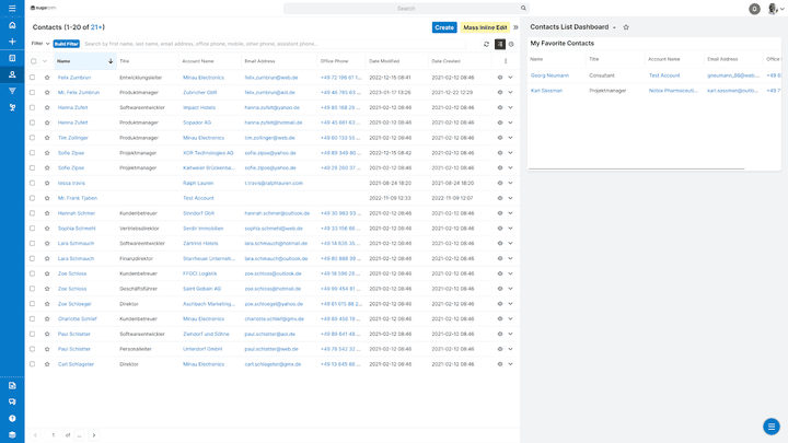 SugarCRM arbeitet mit klassischen Listenansichten für die Kontakt- und Accountverwaltung