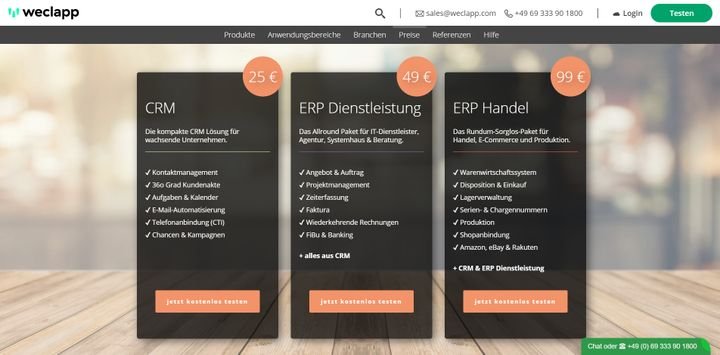 Die drei weclapp-Pakete “CRM”, “ERP Dienstleistung” und “ERP Handel” im Überblick