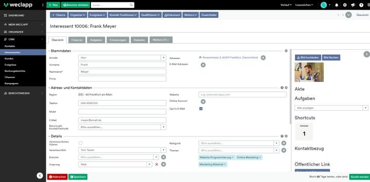 In den sehr umfangreichen Kontaktprofilen von weclapp können Sie viele Informationen hinterlegen und sehen auf einen Blick alle relevanten Punkte zu einem Kontakt