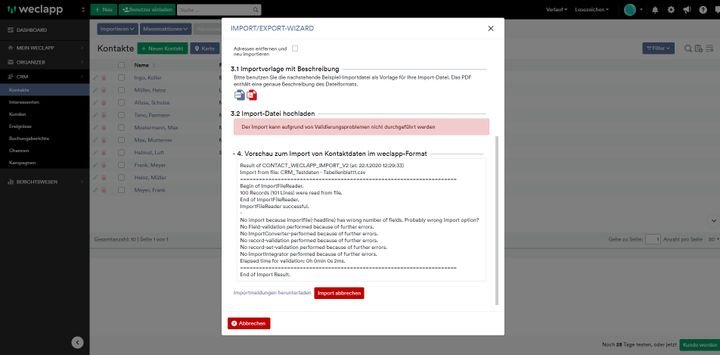 Ein Validierugsfehler verhindert bei weclapp ggf. den reibungslosen Import Ihrer CSV-Datei