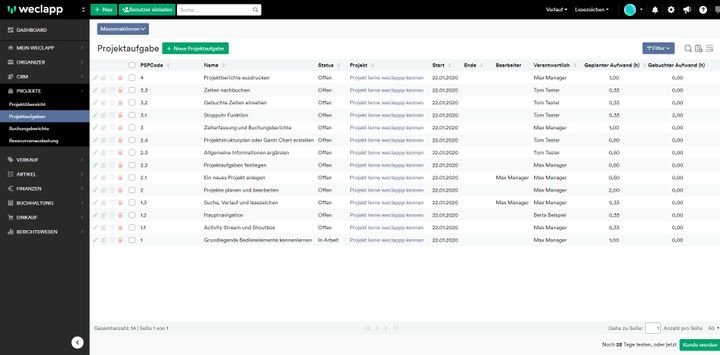 Projektplanung anhand übersichtlicher To-Do-Listen ist ebenfalls in weclapp integriert