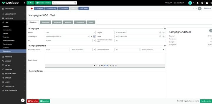 Planen Sie mit weclapp eine Kampagne, können Sie diese anschließend mit Ihrem E-Mail-Marketing-Programm o.Ä. durchführen