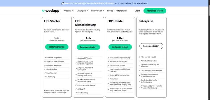 Die Preise für weclapp in der Übersicht
