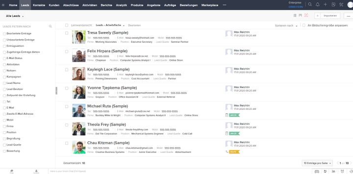 Ihre Leads und Kontakte sammeln Sie in Zoho CRM in übersichtlichen Listen