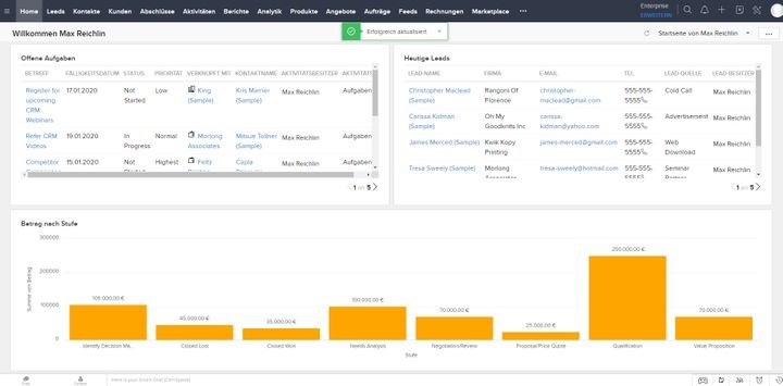 Die Startseite von Zoho CRM präsentiert Ihnen die Aufgaben und Termine des Tages sowie die neuesten Leads